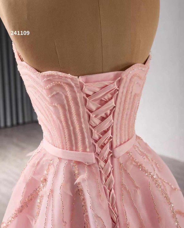 luxury model pink beading a line tull formal evening dress prom gown 241109