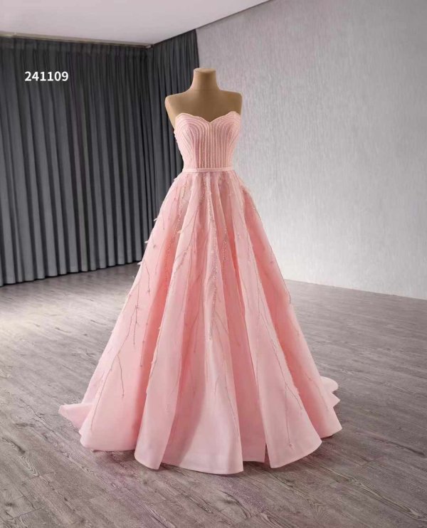 luxury model pink beading a line tull formal evening dress prom gown 241109
