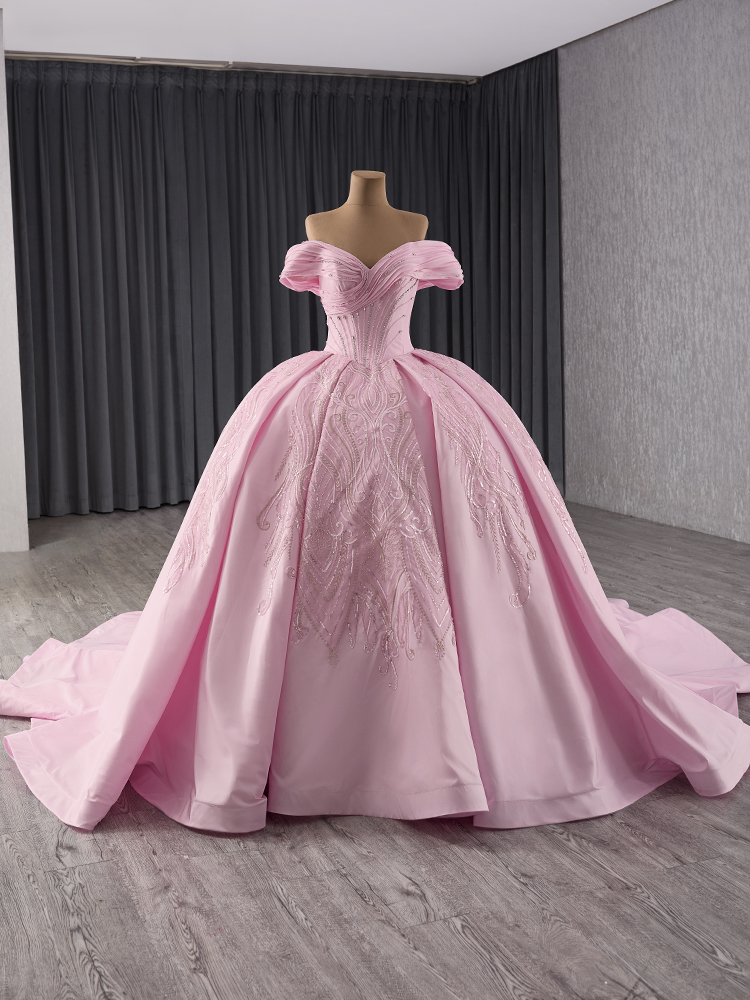 Luxury Model Pink Off The Shoulder Ball Gown Quinceanera Dress 241124