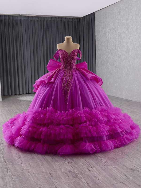 Luxury Model Purple Bow Tiered Long Ball Gown Quinceanera Dress 241144