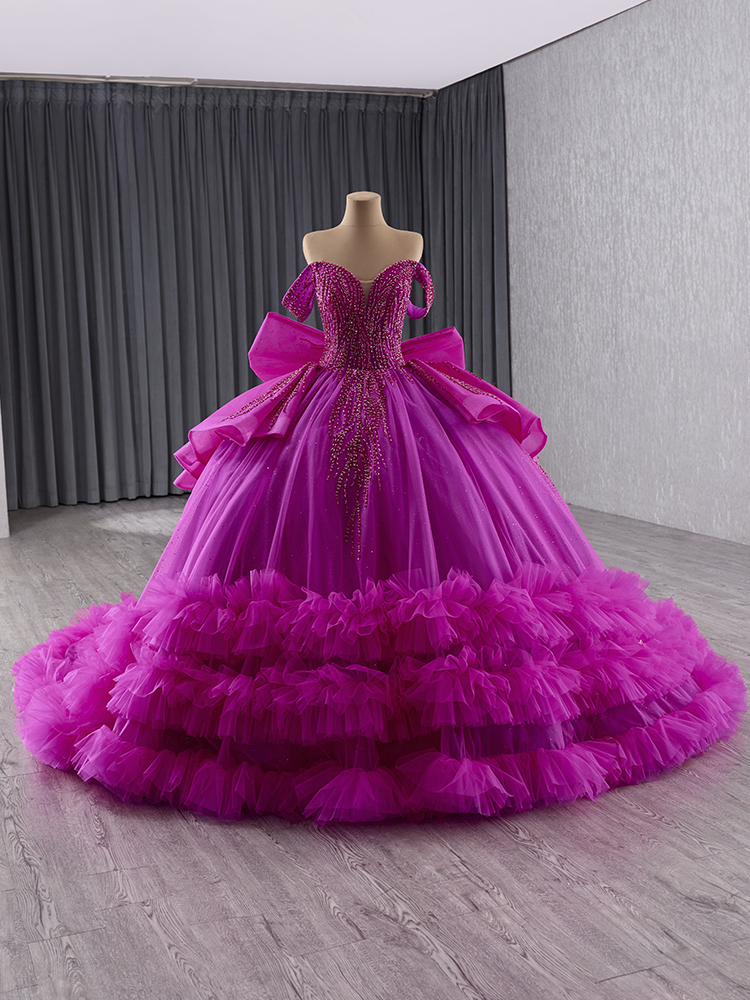 Luxury Model Purple Bow Tiered Long Ball Gown Quinceanera Dress 241144
