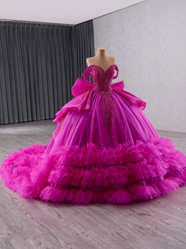 luxury model purple bow tiered long ball gown quinceanera dress 241144