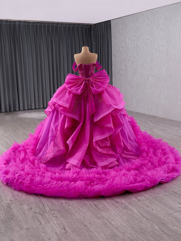 luxury model purple bow tiered long ball gown quinceanera dress 241144