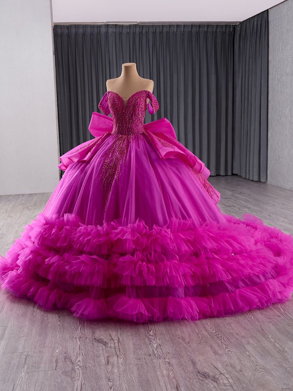 luxury model purple bow tiered long ball gown quinceanera dress 241144