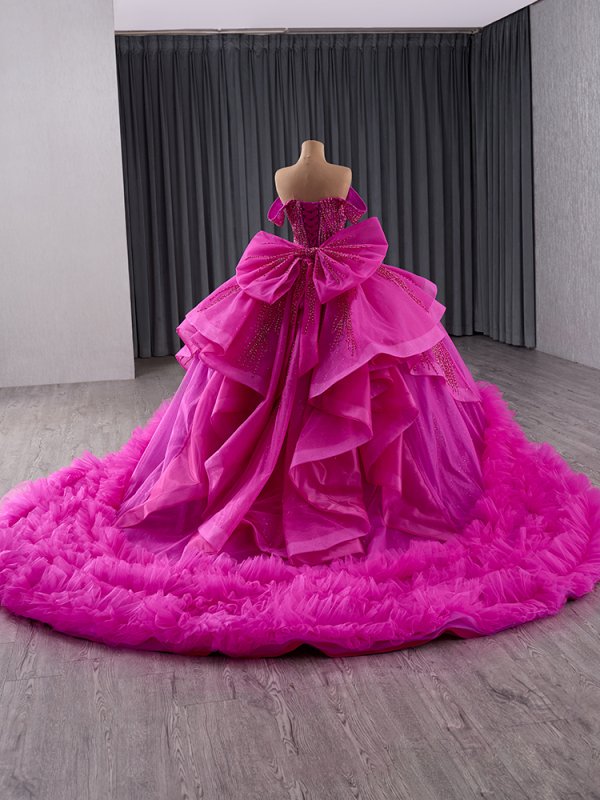 luxury model purple bow tiered long ball gown quinceanera dress 241144