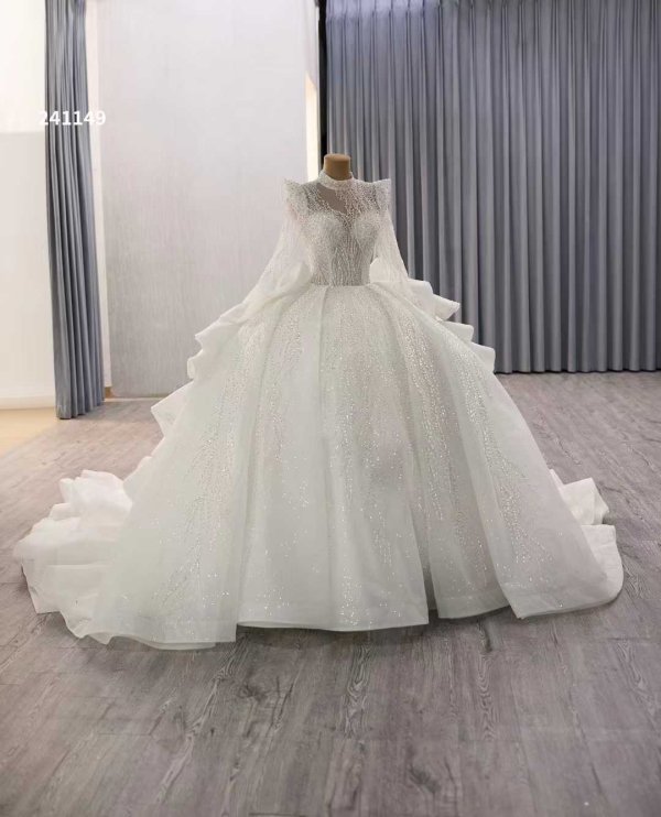 luxury model high neck long sleeve ball gwon wedding dress 241149