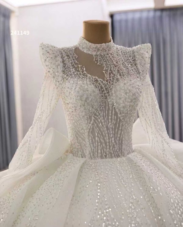 luxury model high neck long sleeve ball gwon wedding dress 241149