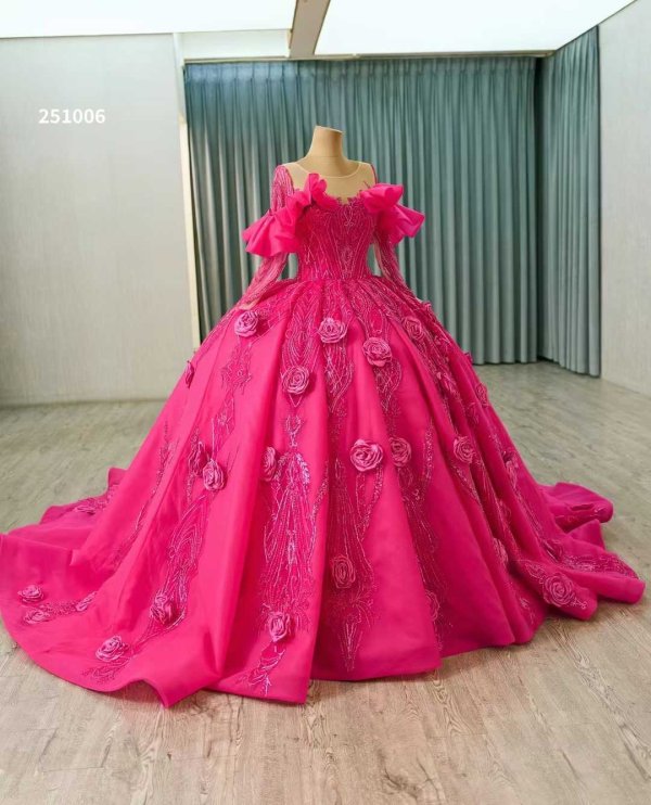 luxury model hot pink long sleeve flower ball gown quinceanera dress 251006