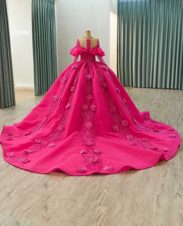 luxury model hot pink long sleeve flower ball gown quinceanera dress 251006