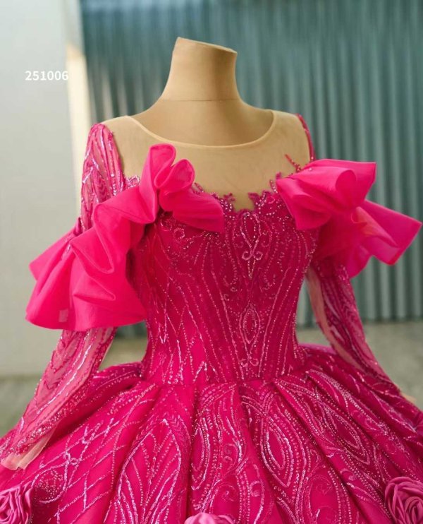 luxury model hot pink long sleeve flower ball gown quinceanera dress 251006