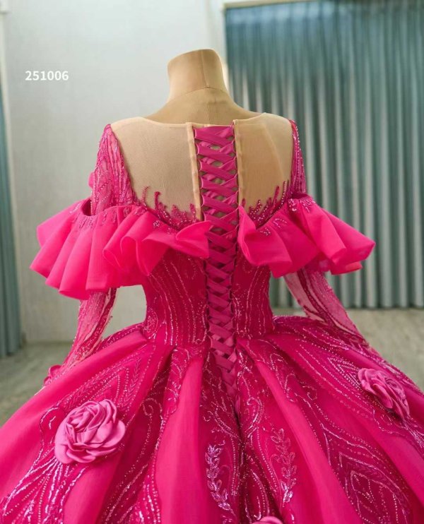 luxury model hot pink long sleeve flower ball gown quinceanera dress 251006