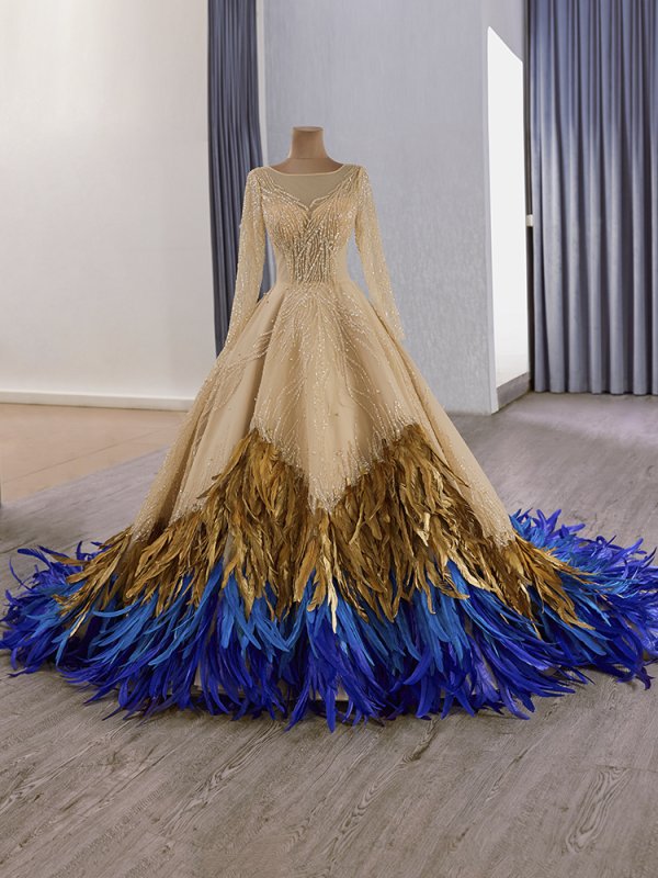 luxury model gold feather long mermaid formal evening dress prom gown 251007