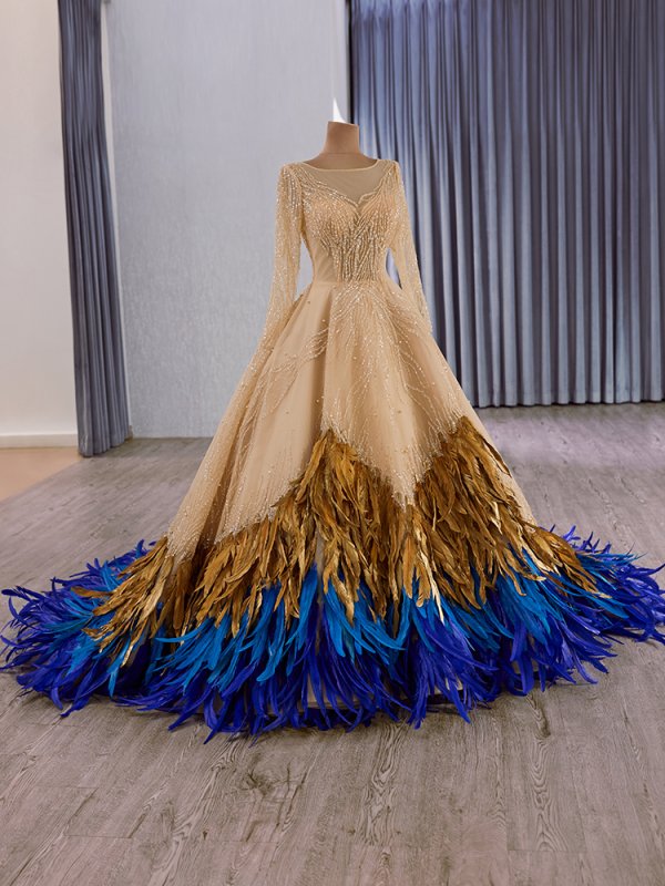 luxury model gold feather long mermaid formal evening dress prom gown 251007