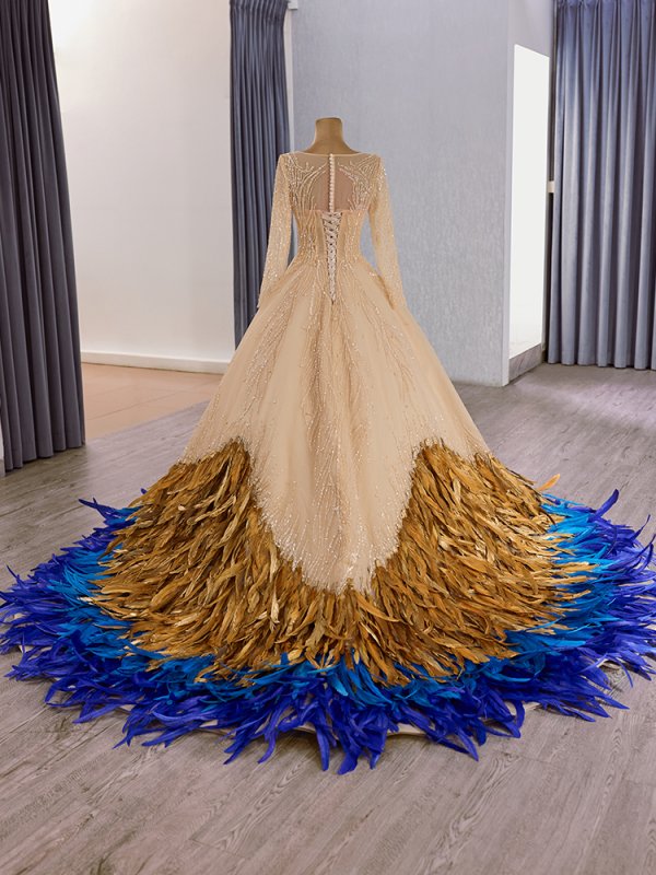 luxury model gold feather long mermaid formal evening dress prom gown 251007