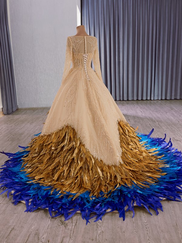 luxury model gold feather long mermaid formal evening dress prom gown 251007