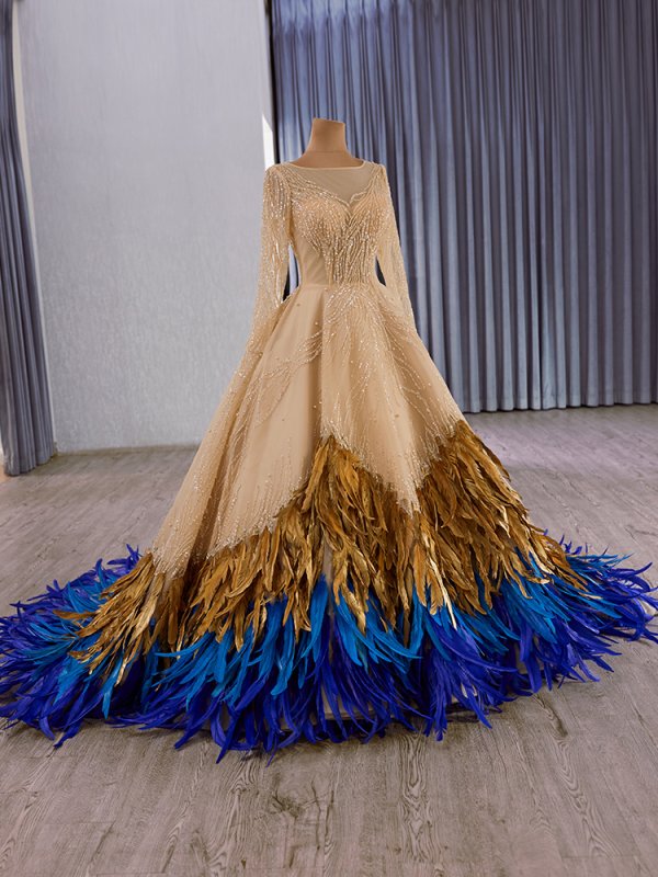 luxury model gold feather long mermaid formal evening dress prom gown 251007