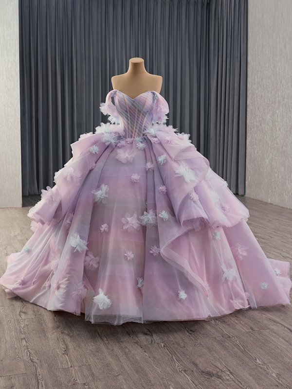 luxury model off the shoulder flower sleeveless tiered ball gown quinceanera dress 251010
