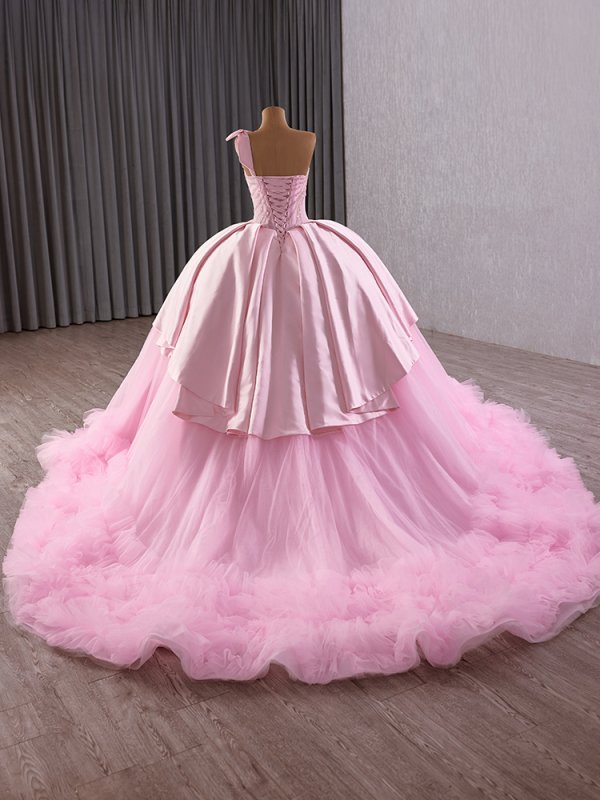 luxury model pink spaghetti strap bow sleeveless tiered ball gown quinceanera dress 251015