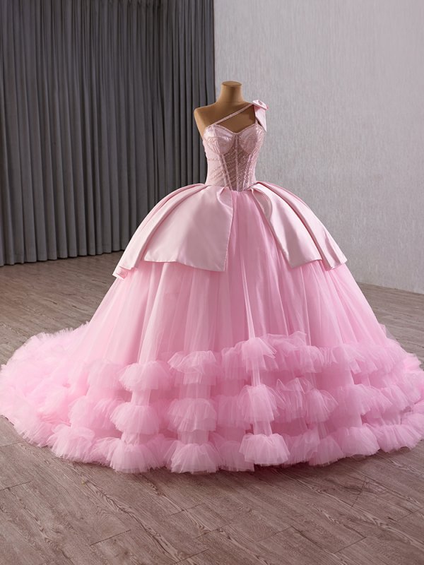luxury model pink spaghetti strap bow sleeveless tiered ball gown quinceanera dress 251015