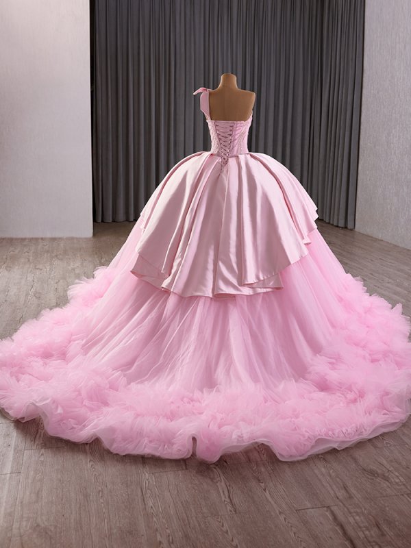 luxury model pink spaghetti strap bow sleeveless tiered ball gown quinceanera dress 251015