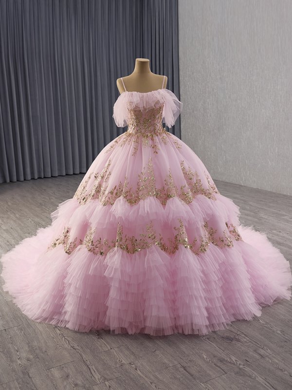 luxury model spaghetti strap sleeveless tiered ball gown quinceanera dress 251016
