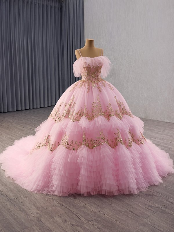 luxury model spaghetti strap sleeveless tiered ball gown quinceanera dress 251016