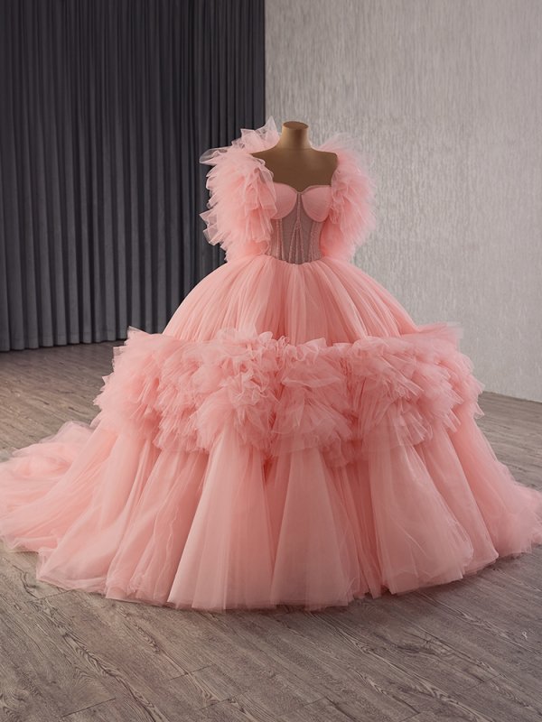 luxury model tull sweetheart sleeveless ball gown quinceanera dress 251024