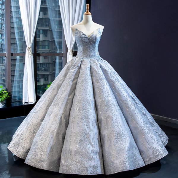 luxury model sliver grey v neck sleeveless ball gown prom dress 66570