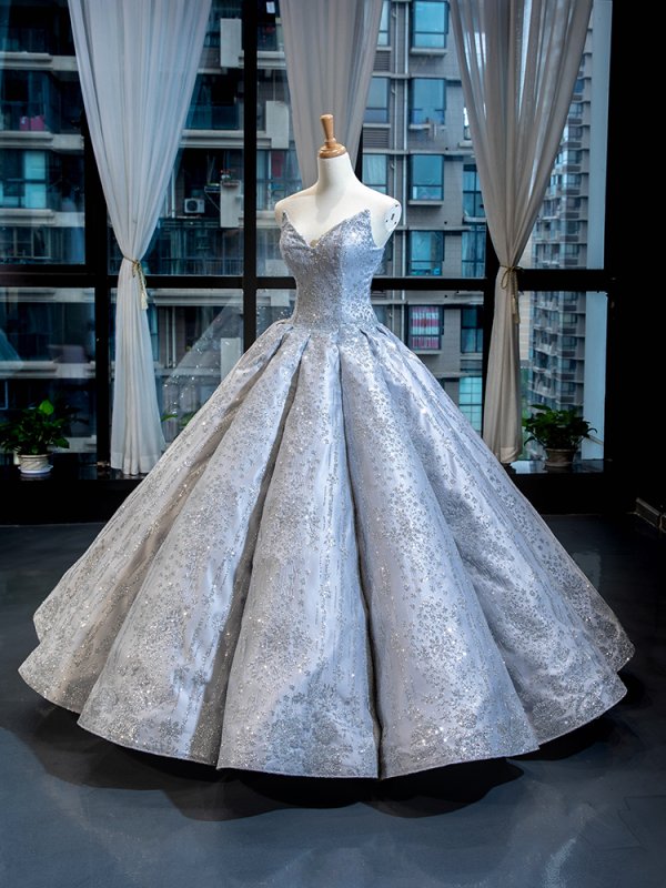 luxury model sliver grey v neck sleeveless ball gown prom dress 66570