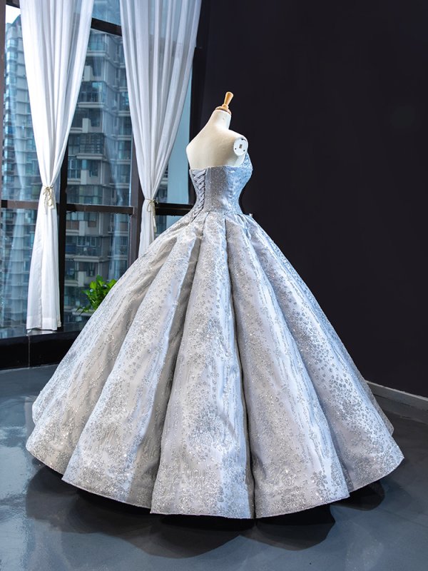 luxury model sliver grey v neck sleeveless ball gown prom dress 66570