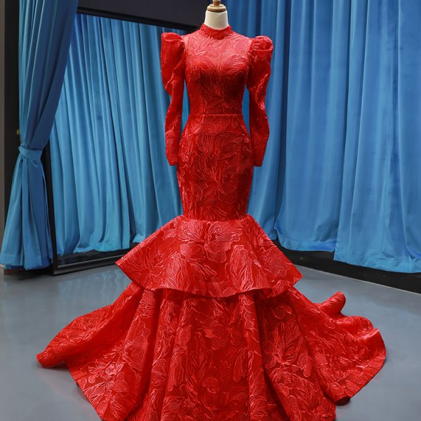 Luxury Model High Neck Long Sleeve Mermiad Prom Dress Formal Gown 66676