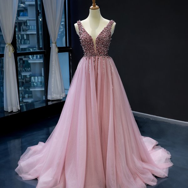 luxury model v neck sleeveless a line prom dress formal evening dress 66713
