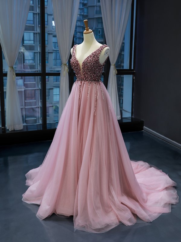luxury model v neck sleeveless a line prom dress formal evening dress 66713