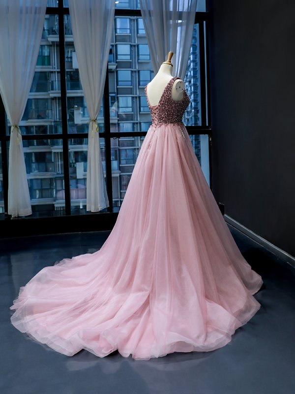 luxury model v neck sleeveless a line prom dress formal evening dress 66713