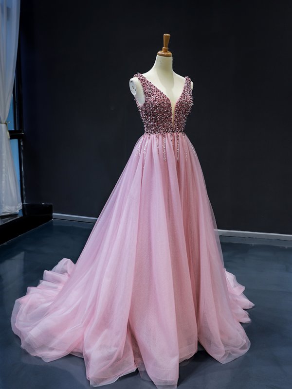 luxury model v neck sleeveless a line prom dress formal evening dress 66713