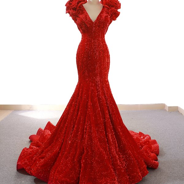 luxury model red v neck sleeveless mermaid prom dress formal evening dress 66736