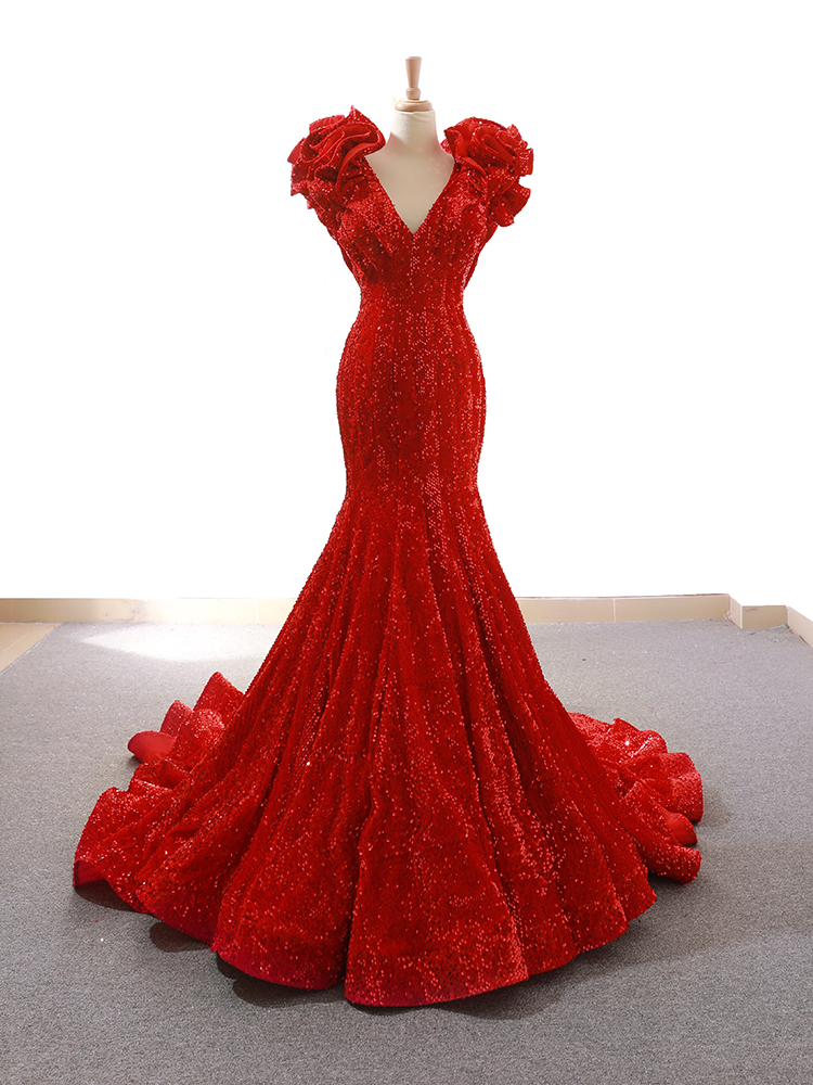 luxury model red v neck sleeveless mermaid prom dress formal evening dress 66736
