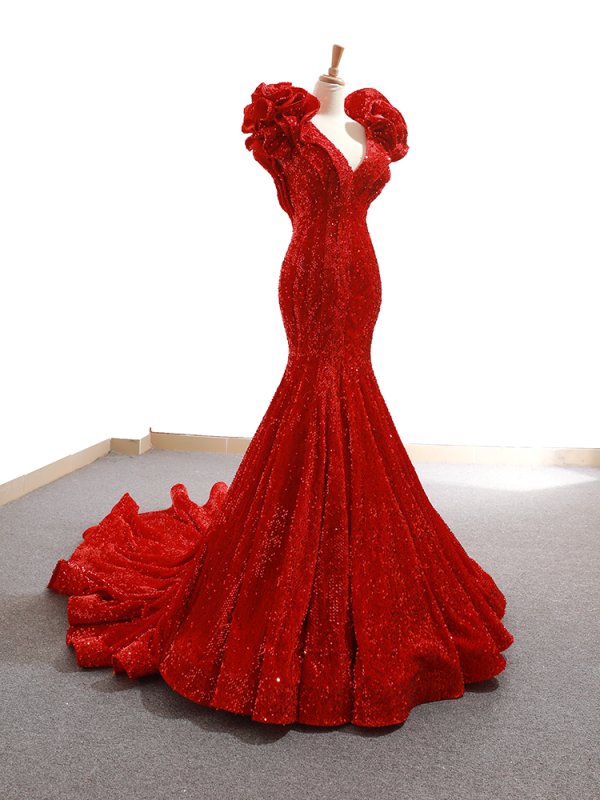 luxury model red v neck sleeveless mermaid prom dress formal evening dress 66736
