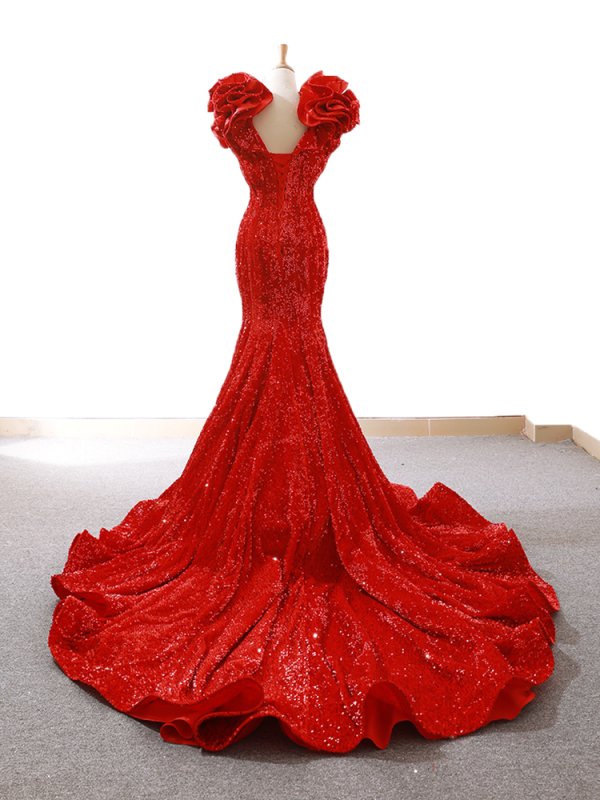 luxury model red v neck sleeveless mermaid prom dress formal evening dress 66736
