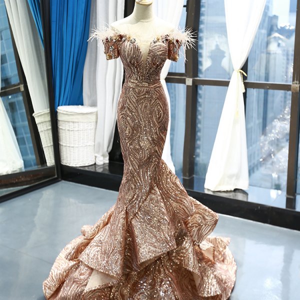 luxury model gold sweetheart sleeveless mermaid prom dress formal evening dress 66749