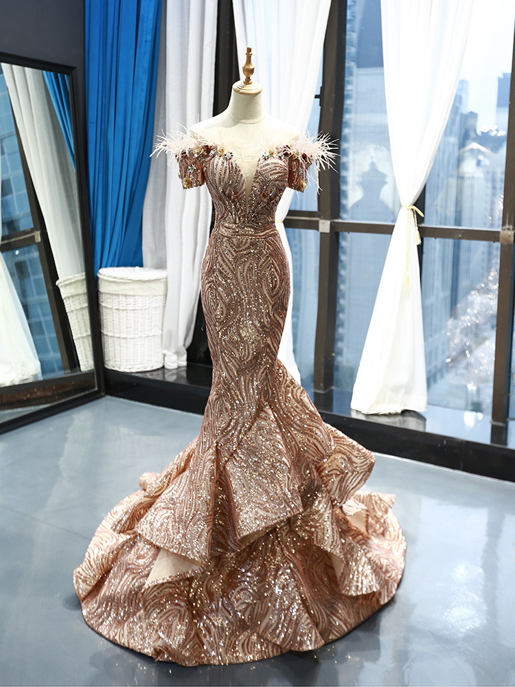 luxury model gold sweetheart sleeveless mermaid prom dress formal evening dress 66749