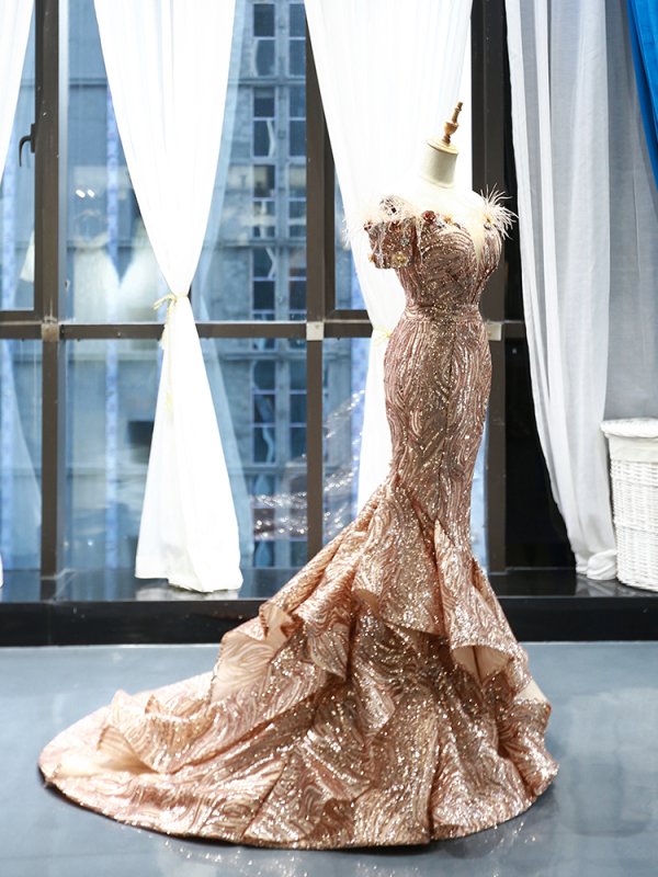 luxury model gold sweetheart sleeveless mermaid prom dress formal evening dress 66749