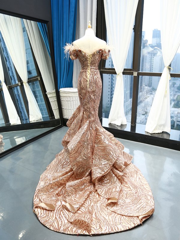 luxury model gold sweetheart sleeveless mermaid prom dress formal evening dress 66749