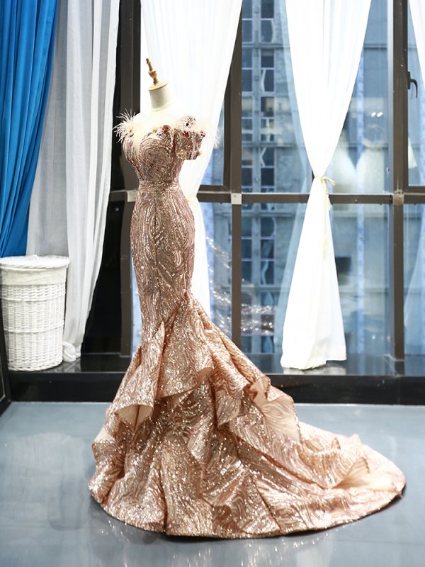 luxury model gold sweetheart sleeveless mermaid prom dress formal evening dress 66749