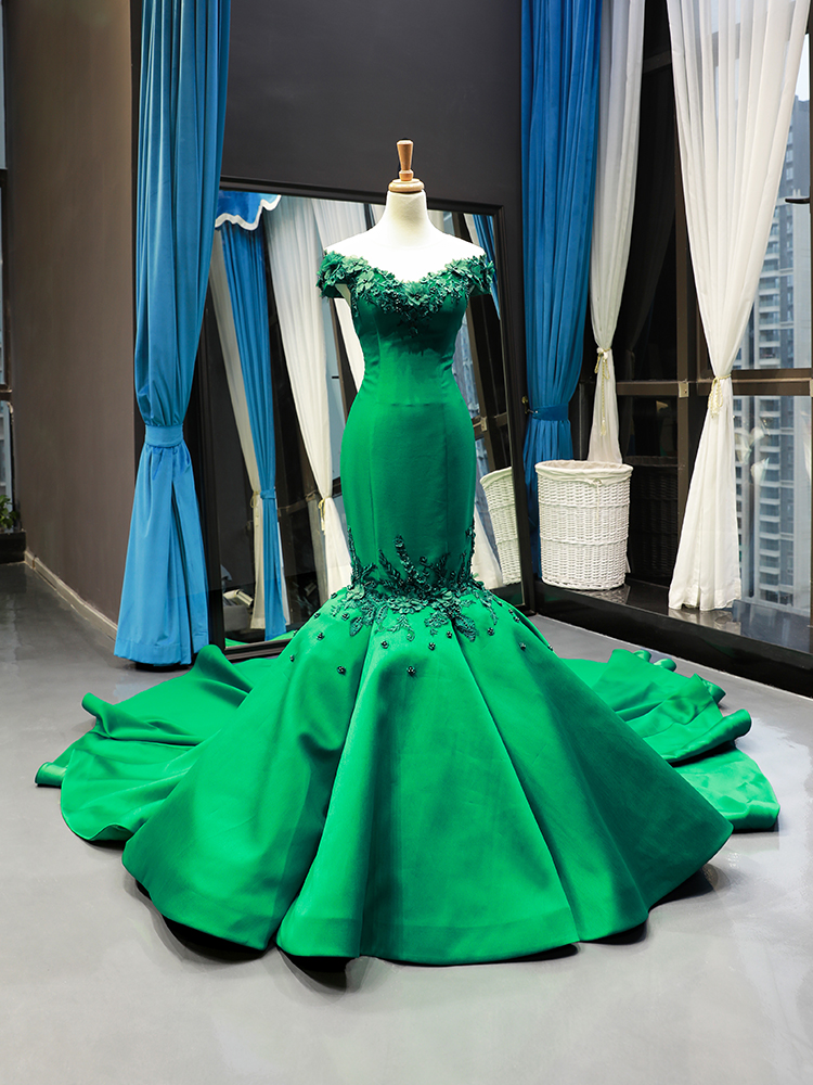 Luxury Model Green O Neck Sleeveless Mermaid Prom Dress Formal Evening Dress 66784