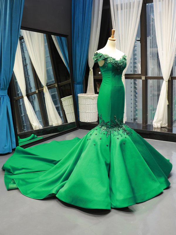 luxury model green o neck sleeveless mermaid prom dress formal evening dress 66784