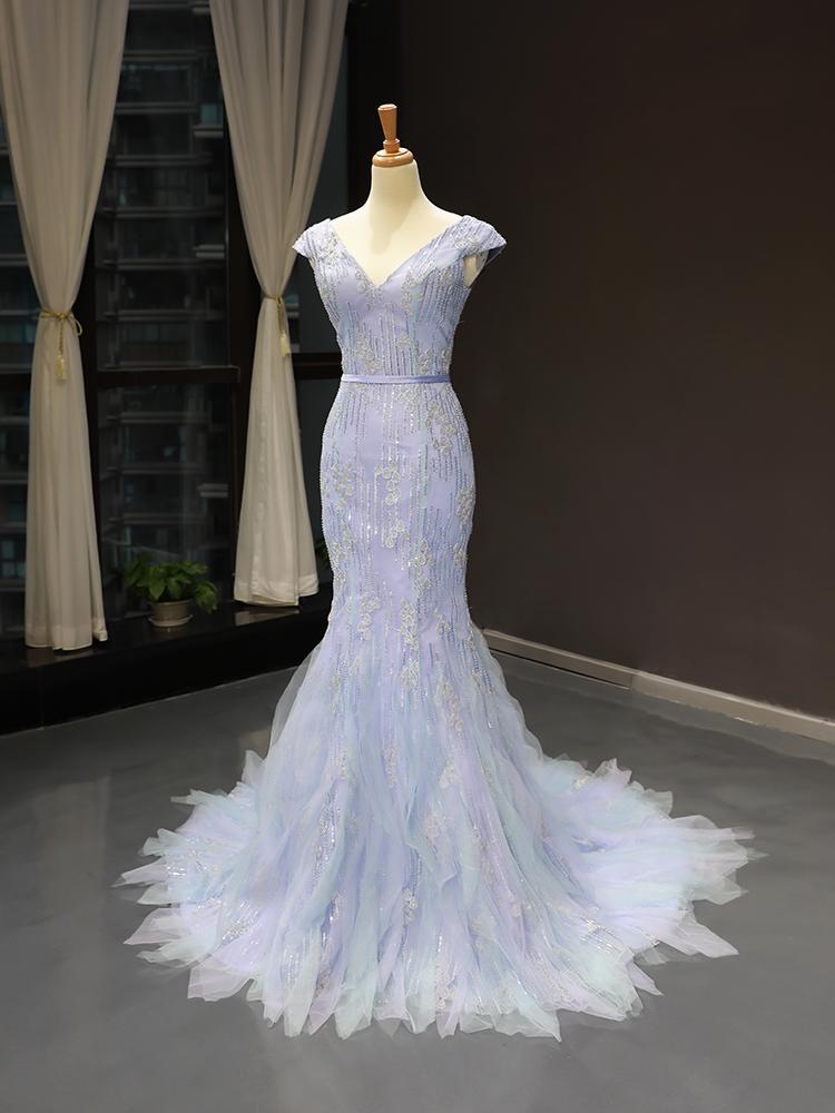 luxury model v neck sleeveless mermaid prom dress formal evening dress 66789