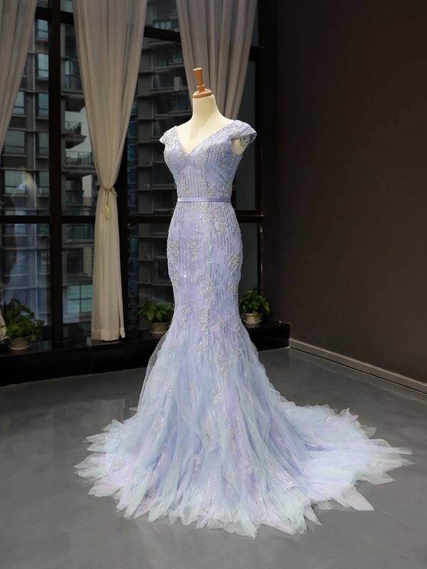luxury model v neck sleeveless mermaid prom dress formal evening dress 66789
