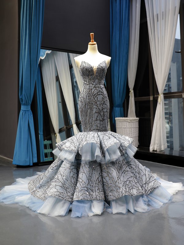 luxury model sweetheart neck sleeveless mermaid prom dress formal evening dress 66809