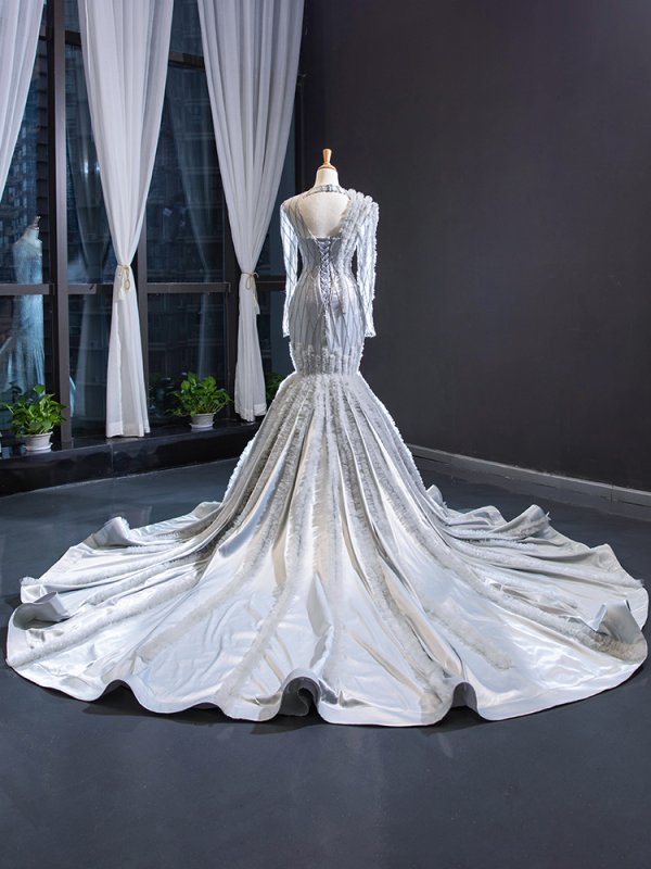 luxury model sliver grey mermaid long formal evening dress prom gown 66861